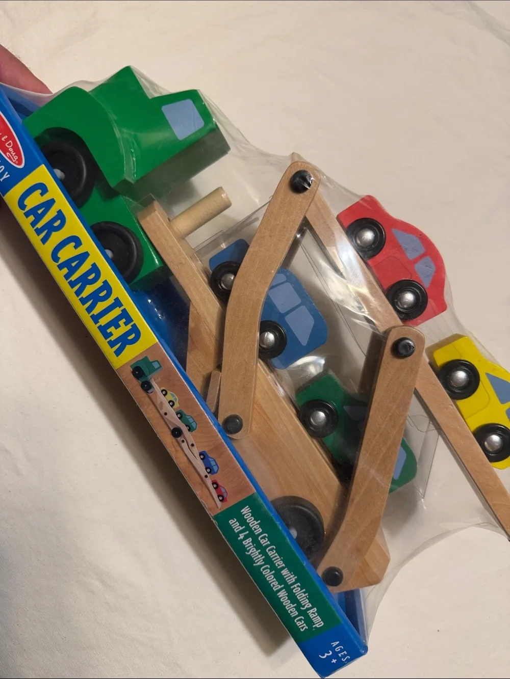 Melissa & Doug Wooden Car Carrier with Green Truck and Colorful Cars